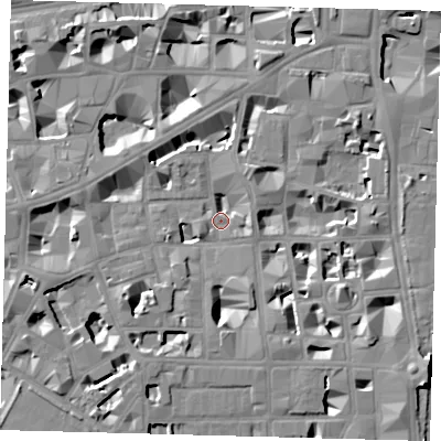 Shaded relief map of the ground around SW1P2DE, computed from Environment Agency LiDAR. The ground here sits at about 3 m above sea level and falls 9 m across the surrounding 800 m. Surface water reaching this point runs off ground lying to the south-west, 6.9 m higher.