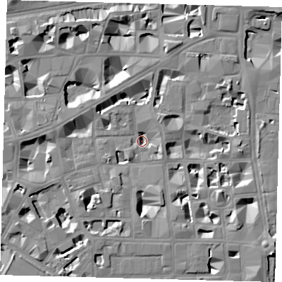 Shaded relief map of the ground around SW1P2DF, computed from Environment Agency LiDAR. The ground here sits at about 2 m above sea level and falls 9 m across the surrounding 800 m. Surface water reaching this point runs off ground lying to the south-west, 6.9 m higher.