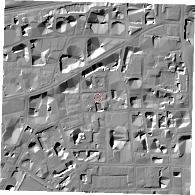 Shaded relief map of the ground around SW1P2DG, computed from Environment Agency LiDAR. The ground here sits at about 3 m above sea level and falls 8 m across the surrounding 800 m. Surface water reaching this point runs off ground lying to the south-west, 6.9 m higher.