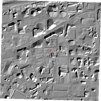 Shaded relief map of the ground around SW1P2DJ, computed from Environment Agency LiDAR. The ground here sits at about 3 m above sea level and falls 8 m across the surrounding 800 m. Surface water reaching this point runs off ground lying to the south-south-west, 6.9 m higher.