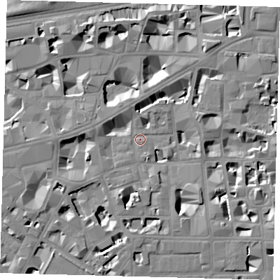 Shaded relief map of the ground around SW1P2DL, computed from Environment Agency LiDAR. The ground here sits at about 3 m above sea level and falls 8 m across the surrounding 800 m. Surface water reaching this point runs off ground lying to the south-west, 1.9 m higher.