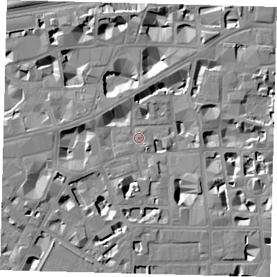 Shaded relief map of the ground around SW1P2DN, computed from Environment Agency LiDAR. The ground here sits at about 3 m above sea level and falls 8 m across the surrounding 800 m. Surface water reaching this point runs off ground lying to the south-west, 1.9 m higher.