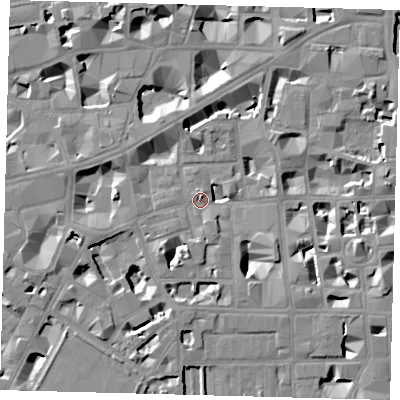 Shaded relief map of the ground around SW1P2DP, computed from Environment Agency LiDAR. The ground here sits at about 3 m above sea level and falls 8 m across the surrounding 800 m. Surface water reaching this point runs off ground lying to the south-west, 6.9 m higher.