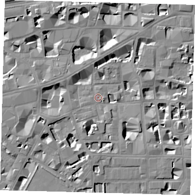 Shaded relief map of the ground around SW1P2DR, computed from Environment Agency LiDAR. The ground here sits at about 3 m above sea level and falls 8 m across the surrounding 800 m. Surface water reaching this point runs off ground lying to the west-south-west, 1.8 m higher.