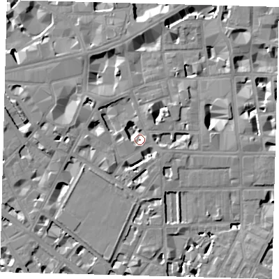 Shaded relief map of the ground around SW1P2DT, computed from Environment Agency LiDAR. The ground here sits at about 2 m above sea level and falls 9 m across the surrounding 800 m. Surface water reaching this point runs off ground lying to the south-south-west, 6.0 m higher.