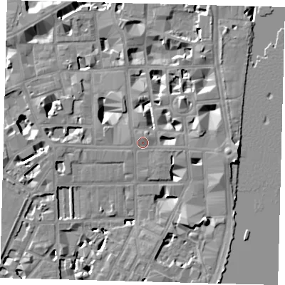 Shaded relief map of the ground around SW1P2DU, computed from Environment Agency LiDAR. The ground here sits at about 5 m above sea level and falls 9 m across the surrounding 800 m. Surface water reaching this point runs off ground lying to the east-south-east, 0.7 m higher.