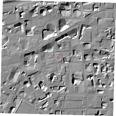 Shaded relief map of the ground around SW1P2DW, computed from Environment Agency LiDAR. The ground here sits at about 3 m above sea level and falls 8 m across the surrounding 800 m. Surface water reaching this point runs off ground lying to the west-south-west, 1.9 m higher.