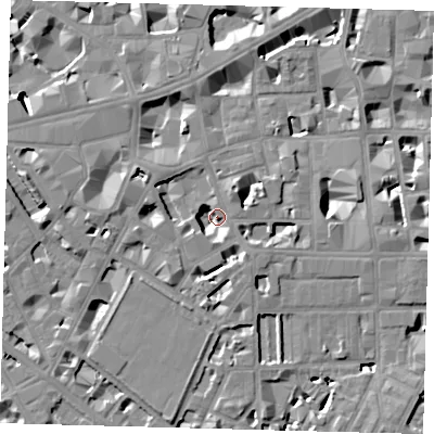 Shaded relief map of the ground around SW1P2DX, computed from Environment Agency LiDAR. The ground here sits at about 4 m above sea level and falls 9 m across the surrounding 800 m. Surface water reaching this point runs off ground lying to the north-north-east, 6.8 m higher.