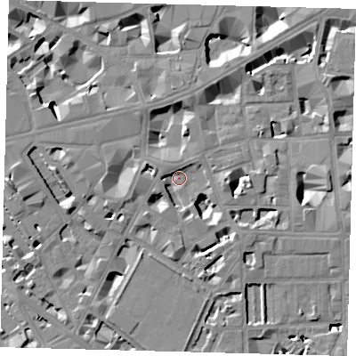 Shaded relief map of the ground around SW1P2DY, computed from Environment Agency LiDAR. The ground here sits at about 3 m above sea level and falls 9 m across the surrounding 800 m. Surface water reaching this point runs off ground lying to the south, 5.9 m higher.