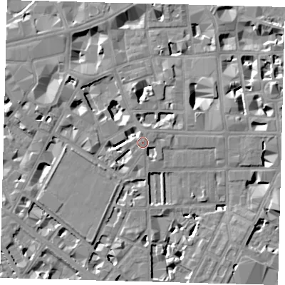Shaded relief map of the ground around SW1P2EB, computed from Environment Agency LiDAR. The ground here sits at about 5 m above sea level and falls 8 m across the surrounding 800 m. Surface water reaching this point runs off ground lying to the north-north-east, 2.4 m higher.