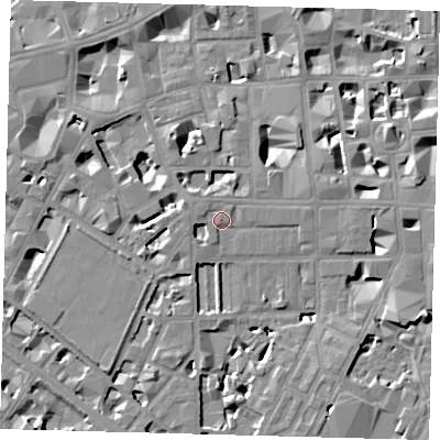 Shaded relief map of the ground around SW1P2ED, computed from Environment Agency LiDAR. The ground here sits at about 4 m above sea level and falls 8 m across the surrounding 800 m. Surface water reaching this point runs off ground lying to the west-north-west, 2.4 m higher.
