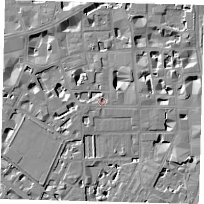 Shaded relief map of the ground around SW1P2EE, computed from Environment Agency LiDAR. The ground here sits at about 4 m above sea level and falls 8 m across the surrounding 800 m. Surface water reaching this point runs off ground lying to the west-south-west, 3.4 m higher.