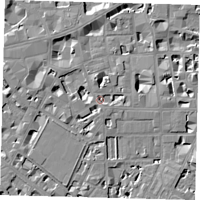 Shaded relief map of the ground around SW1P2EF, computed from Environment Agency LiDAR. The ground here sits at about 3 m above sea level and falls 8 m across the surrounding 800 m. Surface water reaching this point runs off ground lying to the south-south-east, 1.8 m higher.