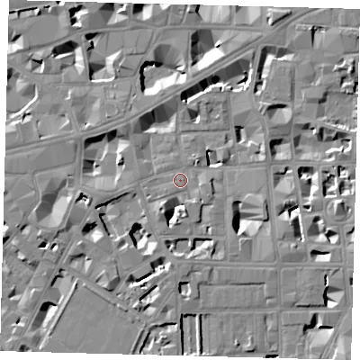 Shaded relief map of the ground around SW1P2EH, computed from Environment Agency LiDAR. The ground here sits at about 4 m above sea level and falls 8 m across the surrounding 800 m. Surface water reaching this point runs off ground lying to the south-south-west, 5.7 m higher.