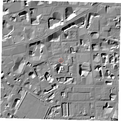 Shaded relief map of the ground around SW1P2EJ, computed from Environment Agency LiDAR. The ground here sits at about 4 m above sea level and falls 8 m across the surrounding 800 m. Surface water reaching this point runs off ground lying to the south-west, 5.7 m higher.