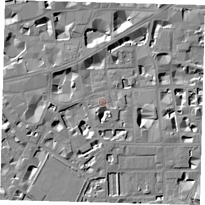 Shaded relief map of the ground around SW1P2EL, computed from Environment Agency LiDAR. The ground here sits at about 4 m above sea level and falls 8 m across the surrounding 800 m. Surface water reaching this point runs off ground lying to the south-south-west, 3.8 m higher.