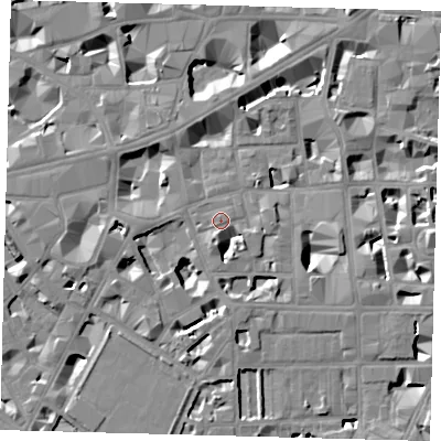 Shaded relief map of the ground around SW1P2EN, computed from Environment Agency LiDAR. The ground here sits at about 4 m above sea level and falls 8 m across the surrounding 800 m. Surface water reaching this point runs off ground lying to the south-south-west, 3.8 m higher.