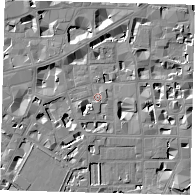 Shaded relief map of the ground around SW1P2EP, computed from Environment Agency LiDAR. The ground here sits at about 4 m above sea level and falls 8 m across the surrounding 800 m. Surface water reaching this point runs off ground lying to the west-south-west, 6.9 m higher.