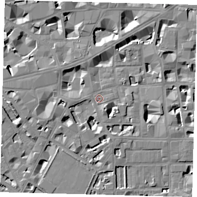 Shaded relief map of the ground around SW1P2EQ, computed from Environment Agency LiDAR. The ground here sits at about 4 m above sea level and falls 9 m across the surrounding 800 m. Surface water reaching this point runs off ground lying to the south, 0.9 m higher.