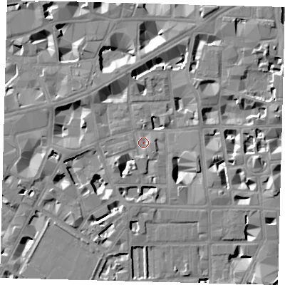 Shaded relief map of the ground around SW1P2ES, computed from Environment Agency LiDAR. The ground here sits at about 4 m above sea level and falls 8 m across the surrounding 800 m. Surface water reaching this point runs off ground lying to the south-west, 6.9 m higher.