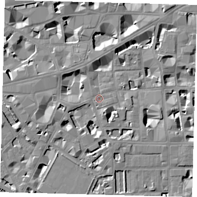 Shaded relief map of the ground around SW1P2ET, computed from Environment Agency LiDAR. The ground here sits at about 4 m above sea level and falls 9 m across the surrounding 800 m. Surface water reaching this point runs off ground lying to the south, 0.9 m higher.