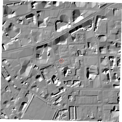 Shaded relief map of the ground around SW1P2EU, computed from Environment Agency LiDAR. The ground here sits at about 4 m above sea level and falls 9 m across the surrounding 800 m. Surface water reaching this point runs off ground lying to the south-south-west, 0.9 m higher.
