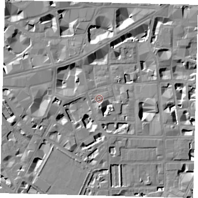 Shaded relief map of the ground around SW1P2EW, computed from Environment Agency LiDAR. The ground here sits at about 4 m above sea level and falls 9 m across the surrounding 800 m. Surface water reaching this point runs off ground lying to the south-south-east, 3.8 m higher.