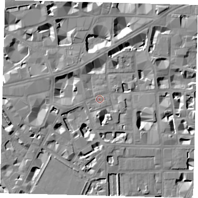 Shaded relief map of the ground around SW1P2EX, computed from Environment Agency LiDAR. The ground here sits at about 4 m above sea level and falls 8 m across the surrounding 800 m. Surface water reaching this point runs off ground lying to the south-west, 0.9 m higher.