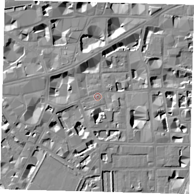 Shaded relief map of the ground around SW1P2EY, computed from Environment Agency LiDAR. The ground here sits at about 4 m above sea level and falls 8 m across the surrounding 800 m. Surface water reaching this point runs off ground lying to the south-south-west, 5.7 m higher.