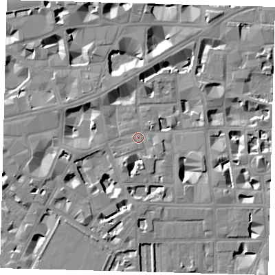 Shaded relief map of the ground around SW1P2EZ, computed from Environment Agency LiDAR. The ground here sits at about 4 m above sea level and falls 8 m across the surrounding 800 m. Surface water reaching this point runs off ground lying to the south-south-west, 5.7 m higher.