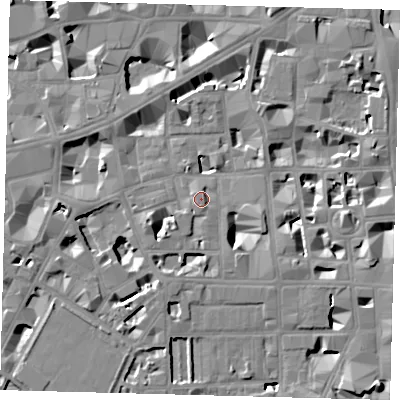 Shaded relief map of the ground around SW1P2FD, computed from Environment Agency LiDAR. The ground here sits at about 4 m above sea level and falls 8 m across the surrounding 800 m. Surface water reaching this point runs off ground lying to the south-west, 6.4 m higher.