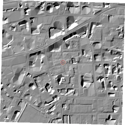 Shaded relief map of the ground around SW1P2HA, computed from Environment Agency LiDAR. The ground here sits at about 3 m above sea level and falls 8 m across the surrounding 800 m. Surface water reaching this point runs off ground lying to the south-west, 2.0 m higher.
