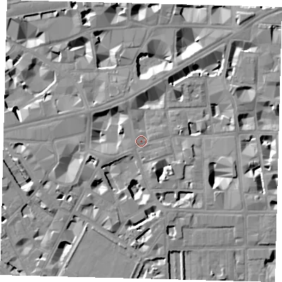 Shaded relief map of the ground around SW1P2HD, computed from Environment Agency LiDAR. The ground here sits at about 4 m above sea level and falls 9 m across the surrounding 800 m. Surface water reaching this point runs off ground lying to the south-south-east, 6.9 m higher.