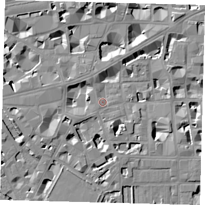 Shaded relief map of the ground around SW1P2HH, computed from Environment Agency LiDAR. The ground here sits at about 4 m above sea level and falls 9 m across the surrounding 800 m. Surface water reaching this point runs off ground lying to the south-south-east, 6.9 m higher.