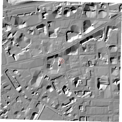 Shaded relief map of the ground around SW1P2HP, computed from Environment Agency LiDAR. The ground here sits at about 4 m above sea level and falls 9 m across the surrounding 800 m. Surface water reaching this point runs off ground lying to the west-south-west, 5.0 m higher.