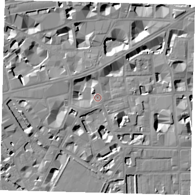 Shaded relief map of the ground around SW1P2HR, computed from Environment Agency LiDAR. The ground here sits at about 4 m above sea level and falls 9 m across the surrounding 800 m. Surface water reaching this point runs off ground lying to the south-west, 2.3 m higher.