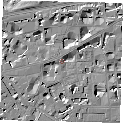 Shaded relief map of the ground around SW1P2HX, computed from Environment Agency LiDAR. The ground here sits at about 4 m above sea level and falls 9 m across the surrounding 800 m. Surface water reaching this point runs off ground lying to the west-south-west, 7.2 m higher.