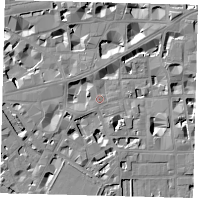 Shaded relief map of the ground around SW1P2HY, computed from Environment Agency LiDAR. The ground here sits at about 4 m above sea level and falls 9 m across the surrounding 800 m. Surface water reaching this point runs off ground lying to the south-south-east, 6.9 m higher.