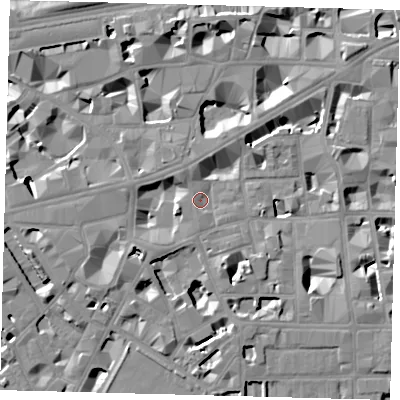 Shaded relief map of the ground around SW1P2HZ, computed from Environment Agency LiDAR. The ground here sits at about 3 m above sea level and falls 9 m across the surrounding 800 m. Surface water reaching this point runs off ground lying to the west-south-west, 7.2 m higher.