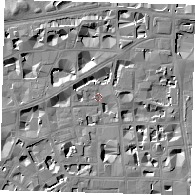 Shaded relief map of the ground around SW1P2JB, computed from Environment Agency LiDAR. The ground here sits at about 3 m above sea level and falls 9 m across the surrounding 800 m. Surface water reaching this point runs off ground lying to the south-west, 6.9 m higher.