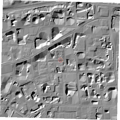 Shaded relief map of the ground around SW1P2JD, computed from Environment Agency LiDAR. The ground here sits at about 3 m above sea level and falls 8 m across the surrounding 800 m. Surface water reaching this point runs off ground lying to the south-west, 6.9 m higher.