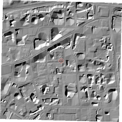 Shaded relief map of the ground around SW1P2JE, computed from Environment Agency LiDAR. The ground here sits at about 3 m above sea level and falls 8 m across the surrounding 800 m. Surface water reaching this point runs off ground lying to the south-west, 6.9 m higher.