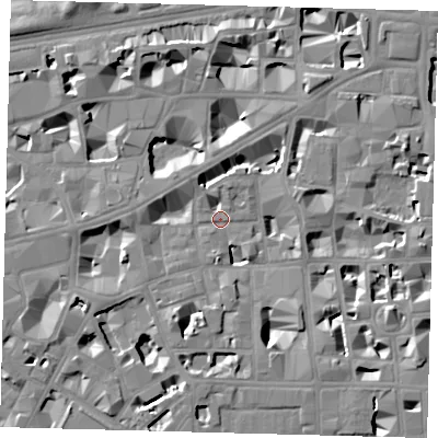 Shaded relief map of the ground around SW1P2JG, computed from Environment Agency LiDAR. The ground here sits at about 3 m above sea level and falls 8 m across the surrounding 800 m. Surface water reaching this point runs off ground lying to the south-south-west, 6.9 m higher.