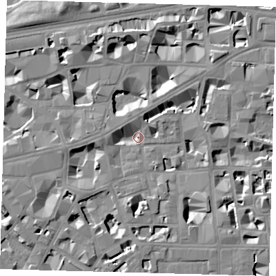Shaded relief map of the ground around SW1P2JP, computed from Environment Agency LiDAR. The ground here sits at about 2 m above sea level and falls 8 m across the surrounding 800 m. Surface water reaching this point runs off ground lying to the south, 5.7 m higher.