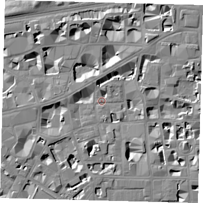 Shaded relief map of the ground around SW1P2JQ, computed from Environment Agency LiDAR. The ground here sits at about 3 m above sea level and falls 8 m across the surrounding 800 m. Surface water reaching this point runs off ground lying to the south-west, 1.9 m higher.