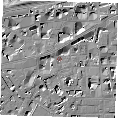 Shaded relief map of the ground around SW1P2JT, computed from Environment Agency LiDAR. The ground here sits at about 3 m above sea level and falls 9 m across the surrounding 800 m. Surface water reaching this point runs off ground lying to the west-south-west, 7.2 m higher.