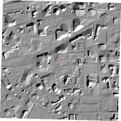 Shaded relief map of the ground around SW1P2JU, computed from Environment Agency LiDAR. The ground here sits at about 3 m above sea level and falls 9 m across the surrounding 800 m. Surface water reaching this point runs off ground lying to the south, 6.9 m higher.