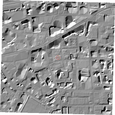 Shaded relief map of the ground around SW1P2JX, computed from Environment Agency LiDAR. The ground here sits at about 3 m above sea level and falls 8 m across the surrounding 800 m. Surface water reaching this point runs off ground lying to the south, 5.7 m higher.