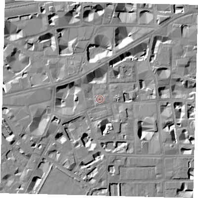 Shaded relief map of the ground around SW1P2JY, computed from Environment Agency LiDAR. The ground here sits at about 4 m above sea level and falls 9 m across the surrounding 800 m. Surface water reaching this point runs off ground lying to the south, 5.7 m higher.