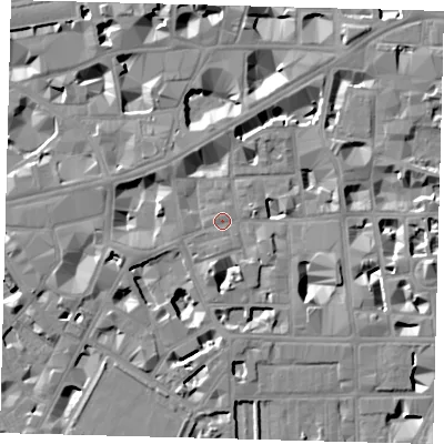 Shaded relief map of the ground around SW1P2JZ, computed from Environment Agency LiDAR. The ground here sits at about 4 m above sea level and falls 8 m across the surrounding 800 m. Surface water reaching this point runs off ground lying to the south-south-west, 5.7 m higher.